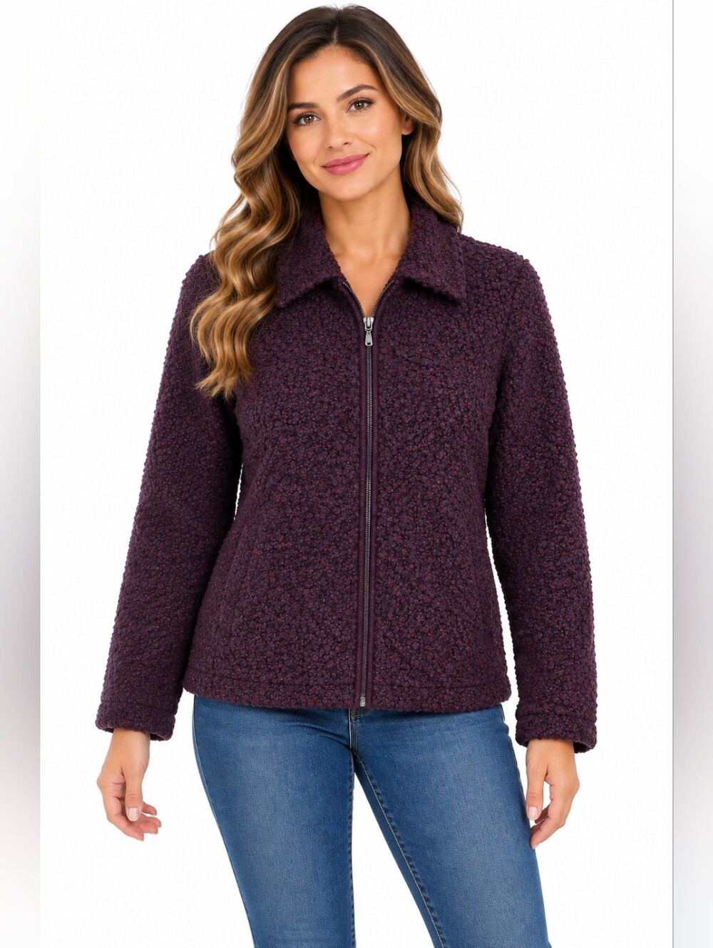 Vintagw Talbots Wool Bouclé Zip-Front Jacket in Deep Plum Women's Size S